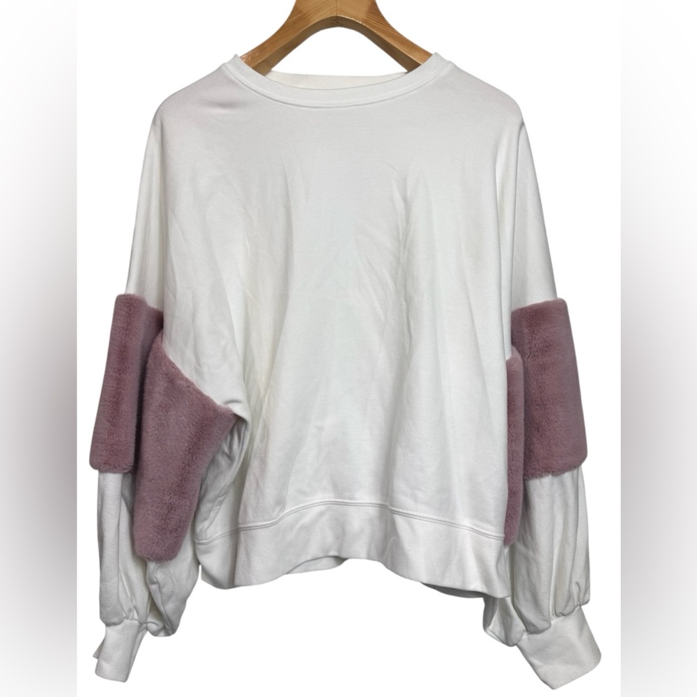 Zara White Long Sleeve Top with Fuzzy Blush Pink Accents